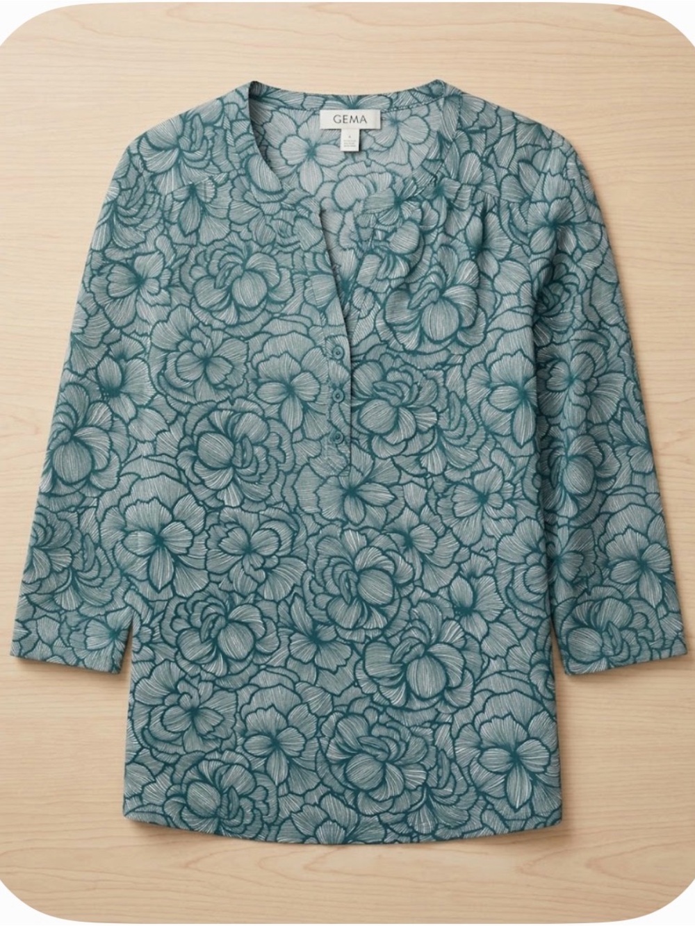H&M Leaf Pattern High Low Hem Quarter Button Front Top, Women’s S, Green White